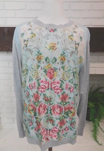 TED BAKER Fareeda Sweater Woven Front Floral Size 3 Large Gray Long Sleeve - Picture 1 of 6