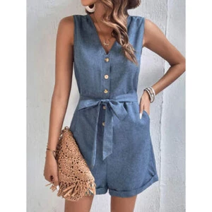 Tie-Waist Buttoned V-Neck Sleeveless Romper - Picture 1 of 8