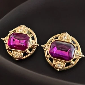 Lila Strass Ohrringe goldfarben Vintage 80er Jahre Glam Statement durchbohrt - Bild 1 von 9