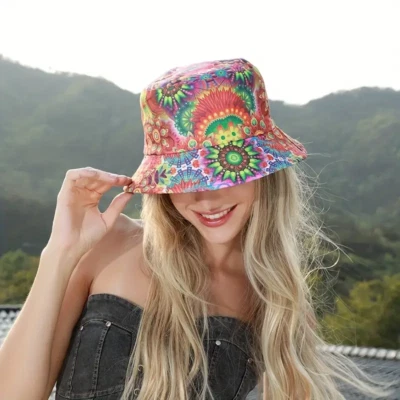 Multicolour Neon Tidie Psychedelic Bucket Hat Hippy Summer Sun Beach Reversible - Image 1 of 4