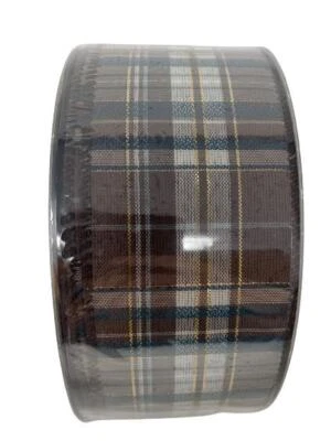 2.5 in Wide X 50 Yards Premium Wired Holiday Ribbon -Navy/Brown/Gold/White Plaid - Image 1 of 2