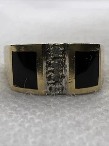 Solid 14K Yellow Gold Inlay Black Onyx & White CZ Men’s Ring 6.4gr. Size 9.75 - Picture 1 of 12