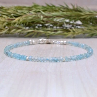 Natural Blue Aquamarine Faceted Rondelle Gemstone Beads 6-8" Handmade Bracelet - Image 1 of 4