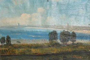 Pintura al óleo vintage paisaje marino playa firmada - Imagen 1 de 12