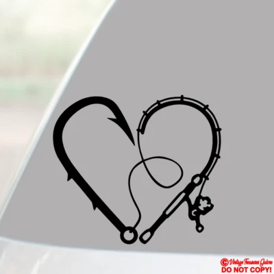 Calcomanía de vinilo FISHING HEART pegatina parachoques ventana coche mosca río lago caña carrete bajo Foto 1 de 2