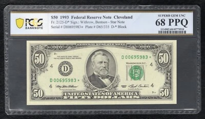 FR. 2125-D* 1993 $50 *STAR* FRN CLEVELAND, OH PCGS BANKNOTE GEM UNC-68PPQ (AF) - Image 1 of 2