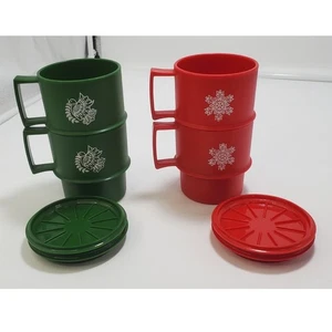 Vintage Set 4 Tupperware rot & grün Weihnachten stapelbar Becher mit Deckel/Untersetzer - Bild 1 von 6