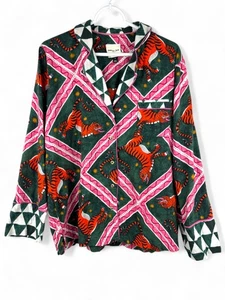 Anthropologie x Corinne Lent Flannel PJ Top Shirt ONLY Green Pink Tigress Size M - Bild 1 von 9
