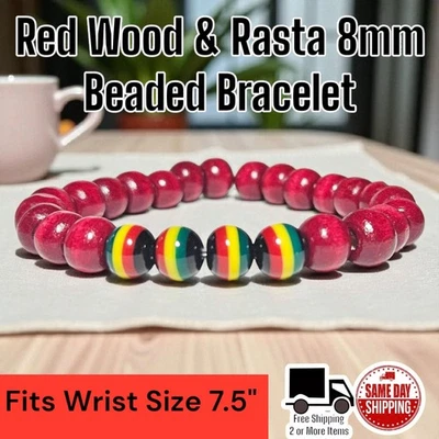 Pulsera de muñeca con cuentas de 8 mm diseño de cuentas de madera roja y rasta tamaño 7,5 Foto 1 de 2