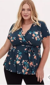 TORRID Knit Faux Wrap V-Neck Peplum Sash Top Floral Teal 1X **NEW** plus blouse - Picture 1 of 7