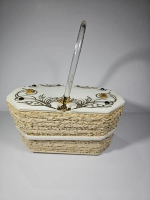 Bolso de mano decorativo superior de paja y madera Lucite de colección años 50 con asa y tapa Foto 1 de 4