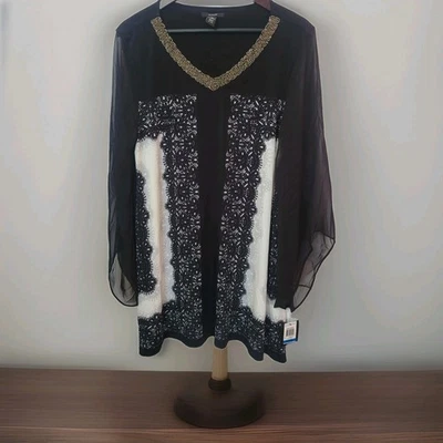 Alfani Tunic Blouse Sheer Sleeve Beaded Collar Long Top Shirt Womens Large - Image 1 of 4