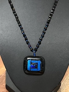 Beaded Blue Dichroic Fused Art Glass Black Amethyst Pendant Signed Alla Murano? - Picture 1 of 7