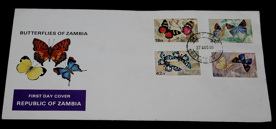 ZAMBIA 1980 BUTTERFLIES SET OF 4 ISSUES ON  FIRST DAY COVER,, - Image 1 of 1