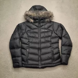Columbia Glam Her Jacket Women Size Medium Black Hooded Faux Fur 550 Turbo Down - Picture 1 of 13