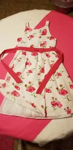 Girls Dress, Sleeveless White With Pink Flowers, Ties In Back, Size 7 - Picture 1 of 5
