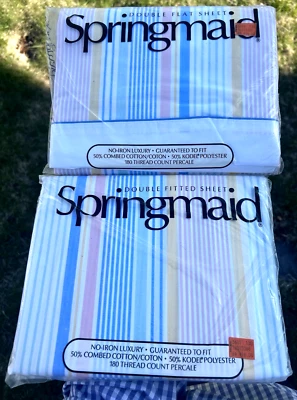 Vintage Striped SPRINGMAID Rio SHEET SET - Double FLAT & FITTED Colorful RAINBOW - Image 1 of 4