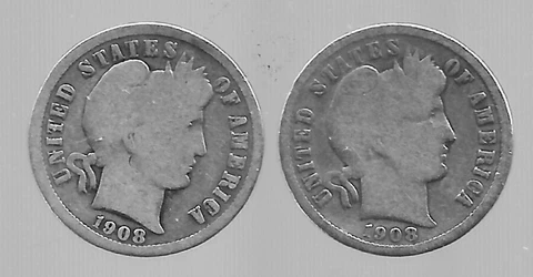1908 & 1908 'D'  BARBER DIMES  90% SILVER Circulated Lot of 2 - Album Fillers Cover