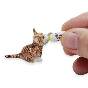 1½" Brown White Tabby Ceramic Shorthair  Cat Drinking Baby Bottle Figurine - Picture 1 of 10