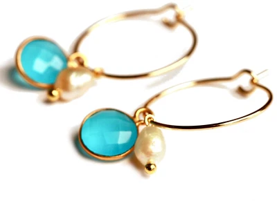 Creole Perle Chalzedon Ohrring Edelstahl Geschenk Frau Mädchen Mutter - Bild 1 von 4