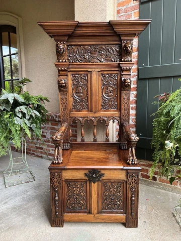 Antique French Carved Walnut Hall Bench Breton Brittany Pew Renaissance  19th c Cover