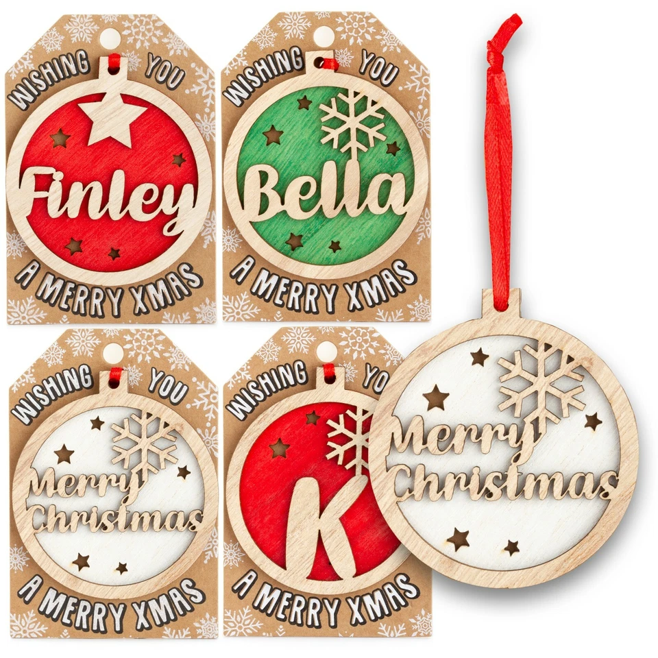 Personalised Wooden Name Hanging Christmas Tree Bauble Decoration Xmas Gift - Image 1 of 3
