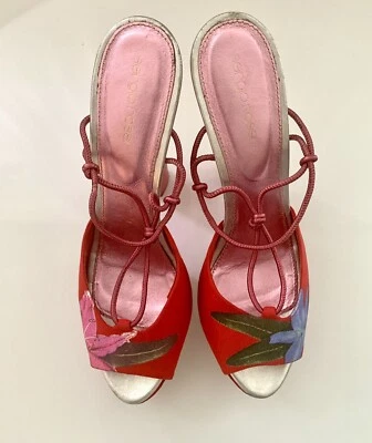 Sergio Rossi Hibiscus Canvas Suede Wood Platform Sandals Size 41 Made In Italy - Image 1 of 4