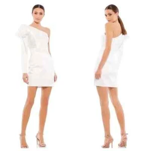 Mac Duggal 26500 One Shoulder Long Sleeve Satin Mini Dress White Size 8 NWT - Picture 1 of 6