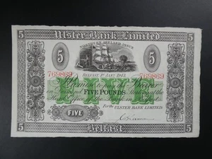 NICE 1943 ULSTER BANK (NORTHERN IRISH) £5 BANKNOTE CRISP GVF~LARGE SIZE - Picture 1 of 2
