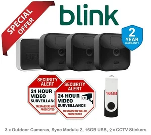 Blink Outdoor 3 Kamera Mega Bundle + Sync Modul + 16GB USB + 2 CCTV Aufkleber - Bild 1 von 16