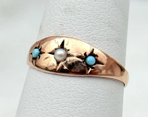 Zarter viktorianischer Ring 10 Karat Gold Türkis & Saatperlen Größe 3,75 - Bild 1 von 4