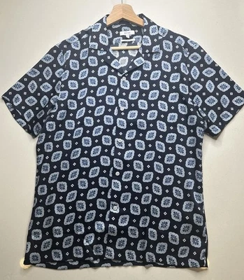 Camisa de Campamento Reiss Lacey Cubana Para Hombres Botón Frontal Geométrica Talla M Calce Regular Azul Foto 1 de 4