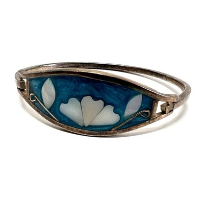Alpaca Mexico Turquoise Silver Tone Abalone Shell Inlay Flower Hinged Bracelet - Image 1 of 4