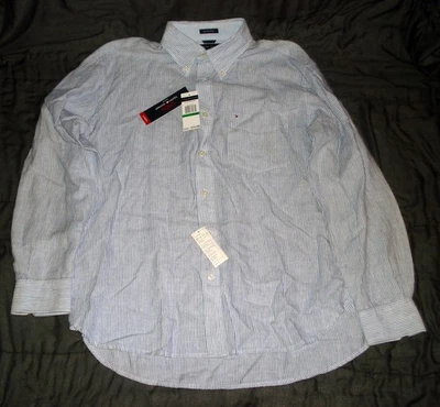 Tommy Hilfiger Size Large Pure Linen Men’s Blue & White Striped Button Up Shirt - Image 1 of 4