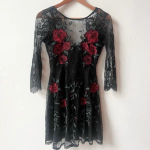 Express Black Lace Red Roses Embroidered Fit N Flare Mini Dress Sz XS - Picture 1 of 5