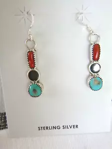 Navajo Lorena Brown Dangle Earrings Turquoise Red Coral 925 Sterling Silver - Picture 1 of 3