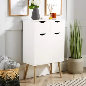 Sideboard White Storage Cabinet 2 Door 2 Drawer Cupboard Solid Wood Legs Scandi - Picture 1 of 10
