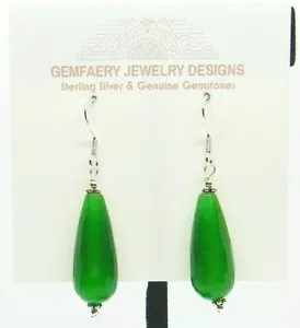Sterling Silver Green JADE Faceted Teardrop Dangle Earrings #1912...Handmade USA - Picture 1 of 6