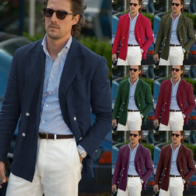 Льняные мужские костюмы пик лацкан двубортный летняя одежда повседневные смокинги блейзеры - Изображение 1 из 4