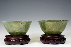 China Chinese Pair Translucent Jade Bowls 5" in diameter x 2 1/4" on a wood base - Picture 1 of 24