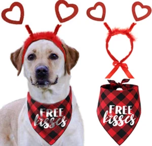 Valentines Day Dog Costume, Red Heart Headband and Buffalo Plaid Pet Bandana - Picture 1 of 12