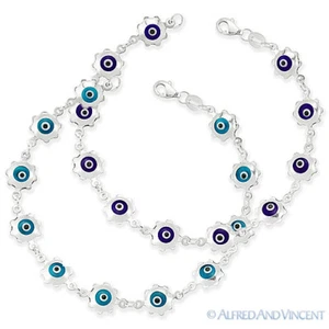 Evil Eye Glass Bead Sun Charm Turkish Nazar Greek .925 Sterling Silver Bracelet - Picture 1 of 3