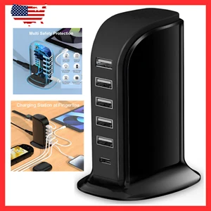 USB Charging Station 6 in 1 Port 40W Charging Hub Fast Desktop Charger Power Hub - Picture 1 of 11