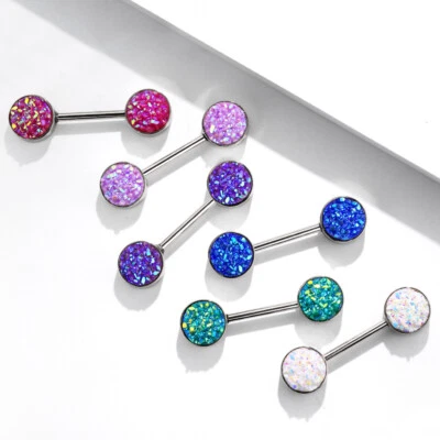 Par de barras de anillo de pezón de acero quirúrgico de piedra druzy de 9 mm 14G Foto 1 de 4