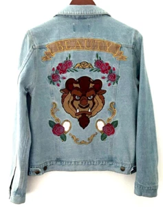 MINKPINK Disney Beauty & The Beast Blue Denim Jacket Embroidered Applique Medium - Picture 1 of 17