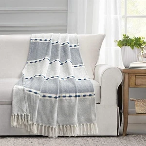 Lush Decor - Lancio, morbido tessuto di cotone 50" x 60", righe a spina di pesce blu navy - Foto 1 di 6