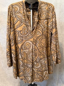 Manuheali'i Shirt Blouse Women XL Wavy Print Yellow Brown Hawaiian 3/4 Sleeve - Picture 1 of 9