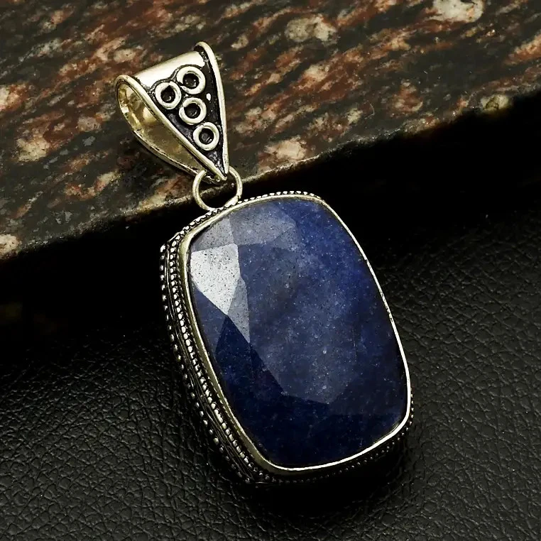 Simulated Sapphire Gemstone Handmade Antique Design Pendant Jewelry 2" AP-14837 - Image 1 of 1