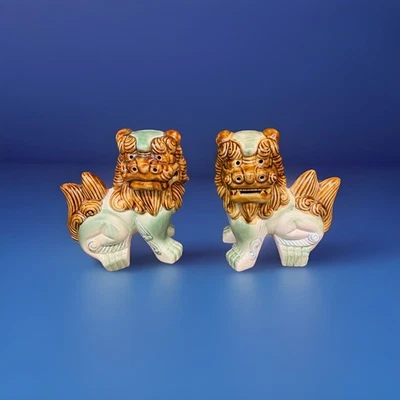 Par De Colección Verde Azul China Porcelana Foo Perros Leones Estatua 8.5" Budista  Foto 1 de 4