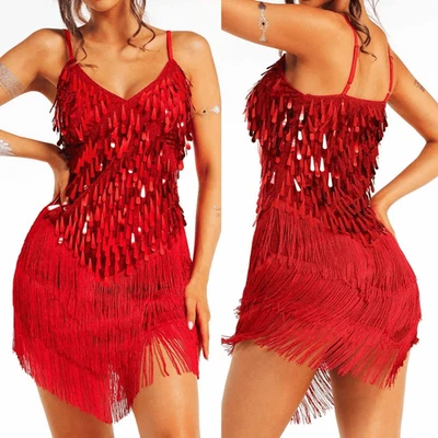 Red Sequin Fringe Spaghetti Strap Dress dance halloween flapper costume SA adult - Imagem 1 de 4
